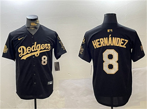 Men's Los Angeles Dodgers #8 Enrique Hern??ndez Black Gold 2024 World Series With Fernando Memorial Patch Home Limited Stitched Baseball Jersey