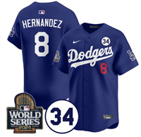 Men's Los Angeles Dodgers #8 Enrique Hern??ndez Royal 2024 World Series With No. 34 Patch Limited Stitched Baseball Jersey