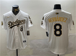 Men's Los Angeles Dodgers #8 Enrique Hern??ndez White Gold 2024 World Series With Fernando Memorial Patch Home Limited Stitched Baseball Jersey