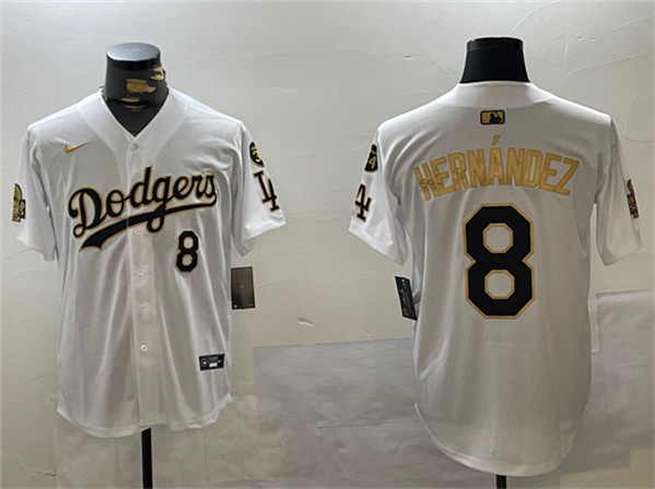 Men's Los Angeles Dodgers #8 Enrique Hern??ndez White Gold 2024 World Series With Fernando Memorial Patch Home Limited Stitched Baseball Jersey