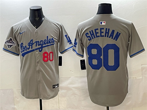 Men's Los Angeles Dodgers #80 Emmet Sheehan Gray 2025 World Series Champions Patch Limited Stitched Baseball Jersey