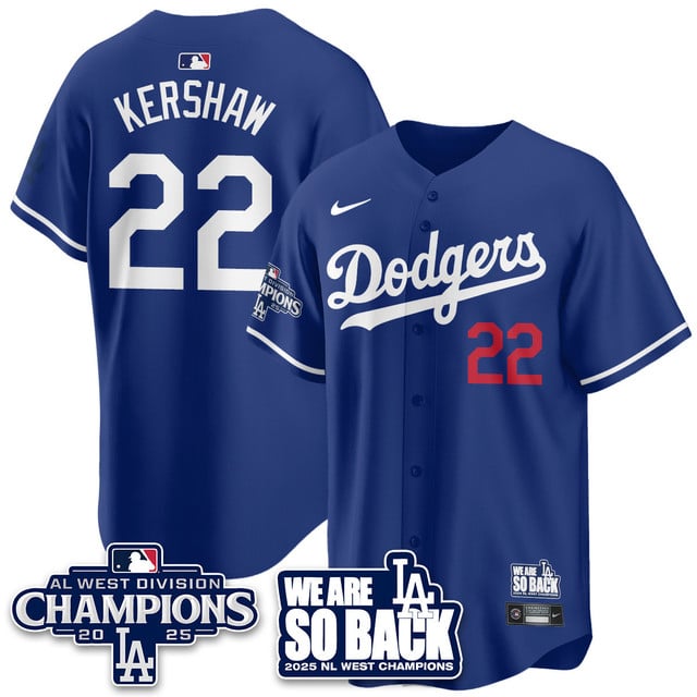 Men's Los Angeles Dodgers 2025 NL West Division Champions Jersey blue #22 Clayton Kershaw