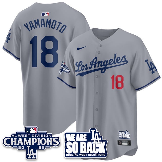 Men's Los Angeles Dodgers 2025 NL West Division Champions Jersey gray #18 Yoshinobu Yamamoto