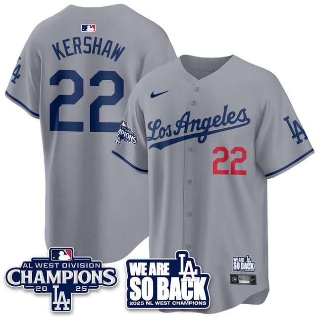 Men's Los Angeles Dodgers 2025 NL West Division Champions Jersey gray #22 Clayton Kershaw