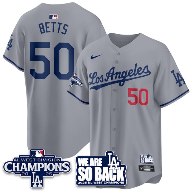 Men's Los Angeles Dodgers 2025 NL West Division Champions Jersey gray #50 Mookie Betts