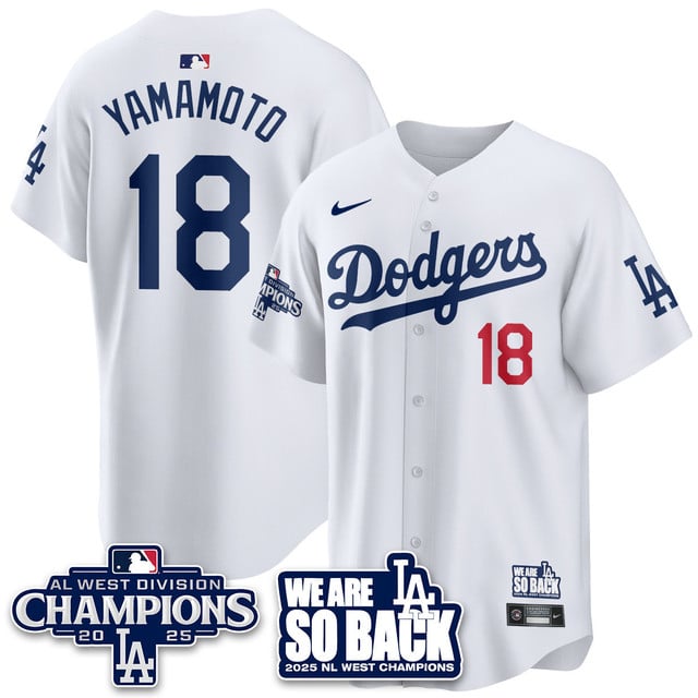 Men's Los Angeles Dodgers 2025 NL West Division Champions Jersey white #18 Yoshinobu Yamamoto