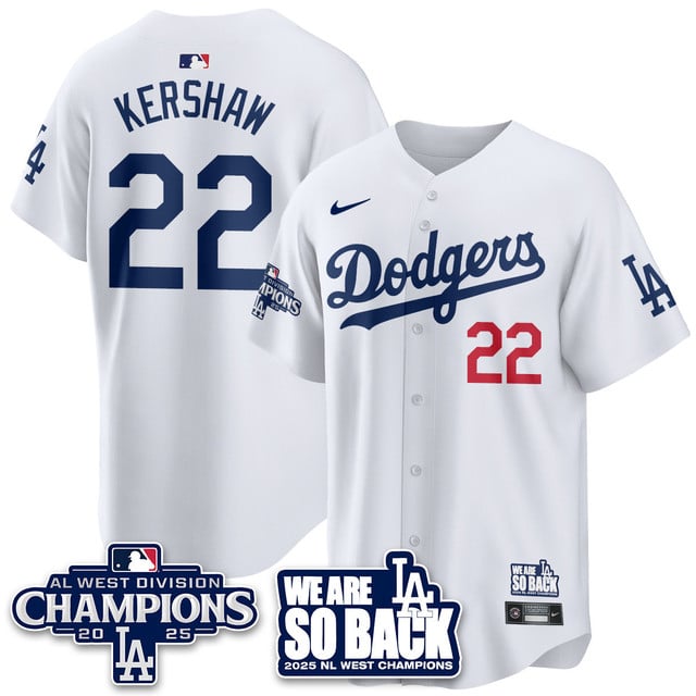 Men's Los Angeles Dodgers 2025 NL West Division Champions Jersey white #22 Clayton Kershaw