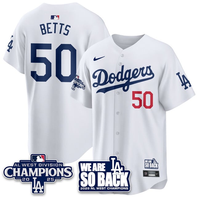 Men's Los Angeles Dodgers 2025 NL West Division Champions Jersey white #50 Mookie Betts