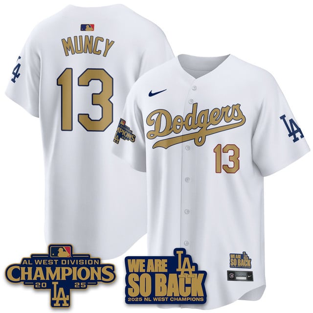 Men's Los Angeles Dodgers 2025 NL West Division Champions Jersey white gold #13 Max Muncy