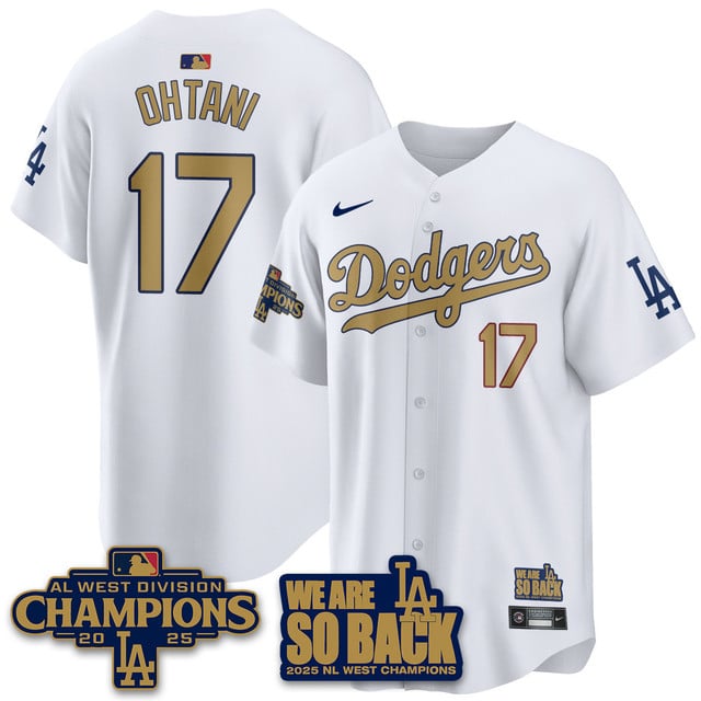 Men's Los Angeles Dodgers 2025 NL West Division Champions Jersey white gold #17 Shohei Ohtani