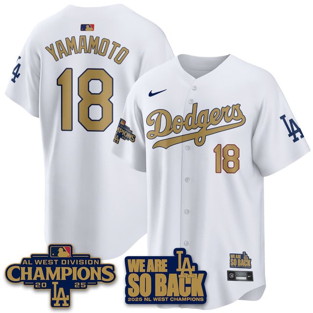 Men's Los Angeles Dodgers 2025 NL West Division Champions Jersey white gold #18 Yoshinobu Yamamoto