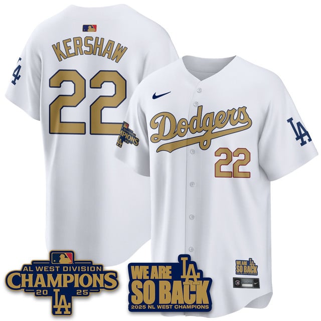 Men's Los Angeles Dodgers 2025 NL West Division Champions Jersey white gold #22 Clayton Kershaw