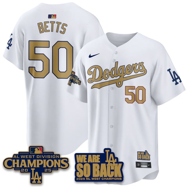 Men's Los Angeles Dodgers 2025 NL West Division Champions Jersey white gold #50 Mookie Betts