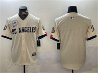 Men's Los Angeles Dodgers Blank Cream 2024 World Series With No. 34 Patch Limited Stitched Baseball Jersey
