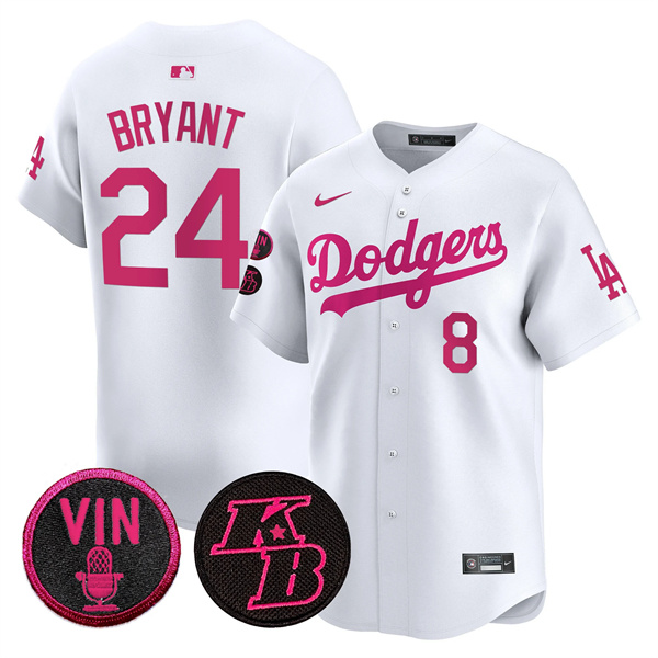 Men's Los Angeles Dodgers Front #8 Back #24 Kobe Bryant White 2026 Mothera??s Day Vapor Premier Limited Stitched Baseball Jersey