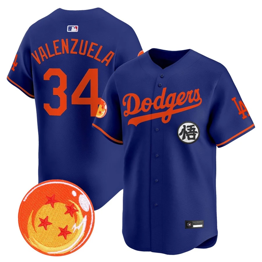 Men's Los Angeles Dodgers x Dragon Ball Vapor Premier Limited Jersey royal #34 Fernando Valenzuela