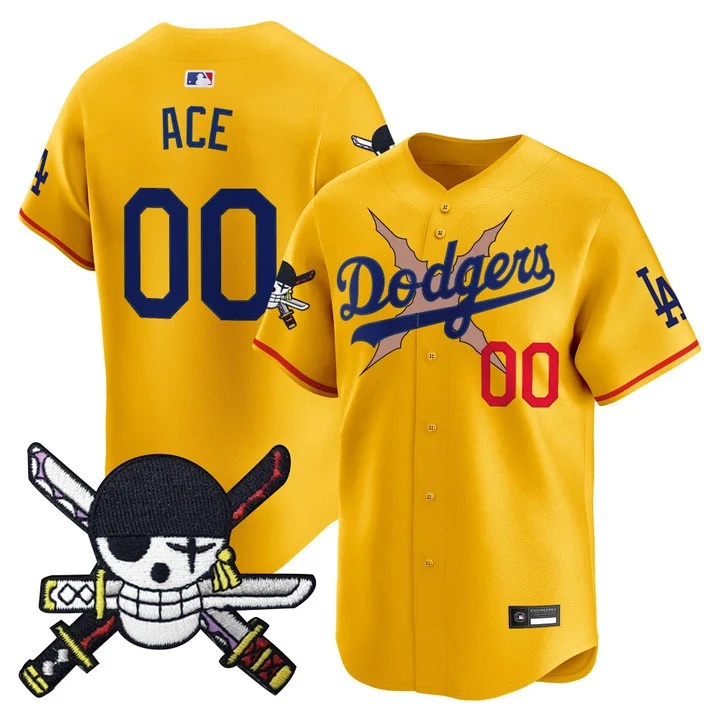 Men's Los Angeles Dodgers x One Piece Zoro Patch Vapor Premier Limited Jersey GOLD#00 ACE