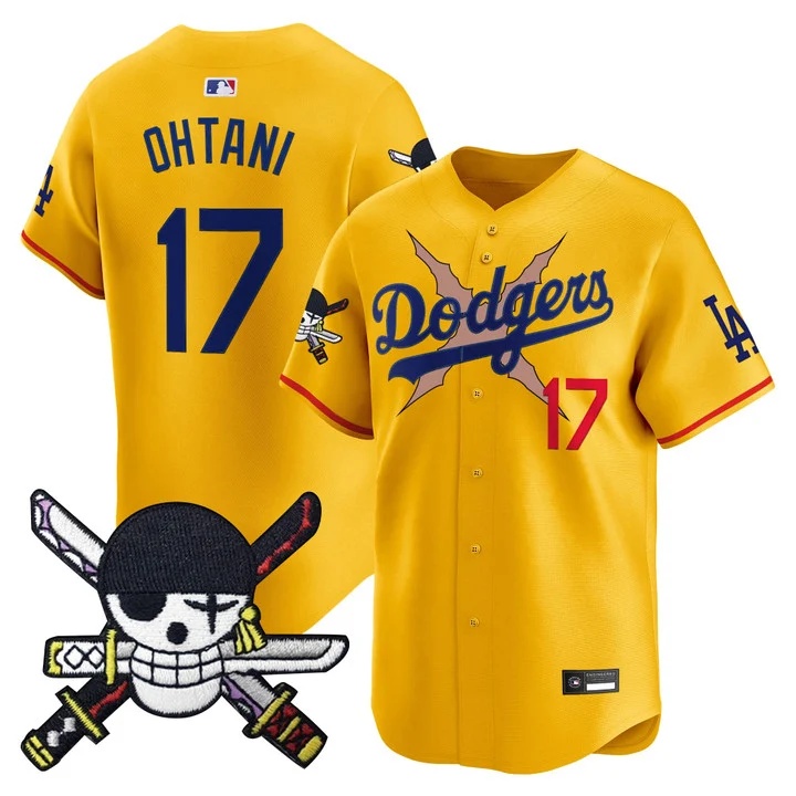 Men's Los Angeles Dodgers x One Piece Zoro Patch Vapor Premier Limited Jersey GOLD#17 SHOHEI OHTANI