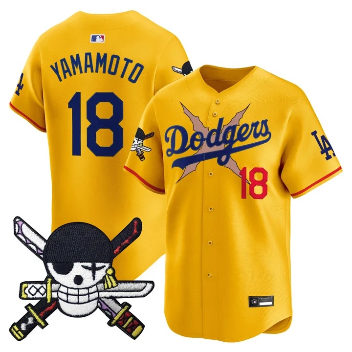 Men's Los Angeles Dodgers x One Piece Zoro Patch Vapor Premier Limited Jersey GOLD#18 YAMAMOTO