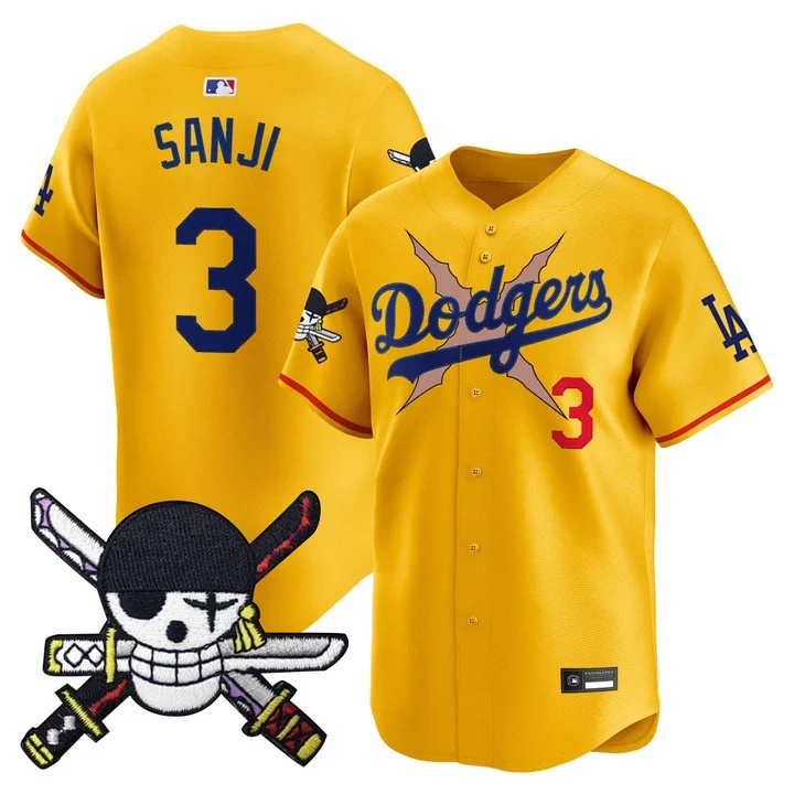 Men's Los Angeles Dodgers x One Piece Zoro Patch Vapor Premier Limited Jersey GOLD#3 SANJI