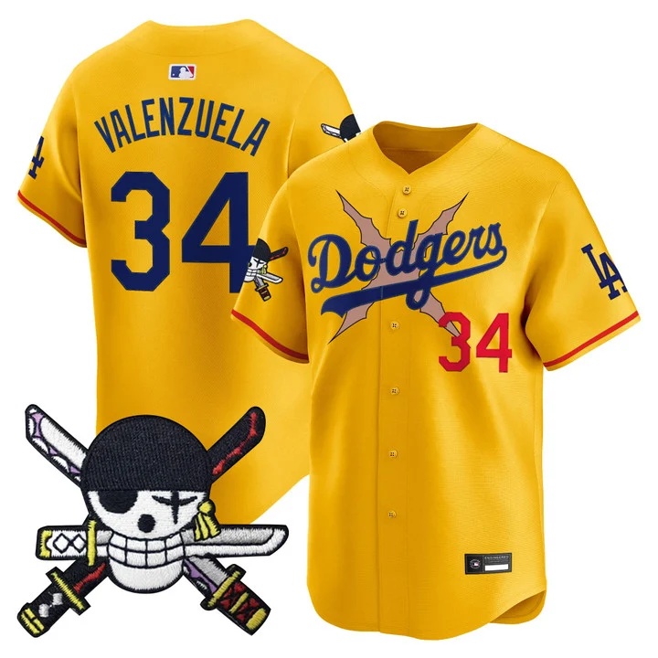 Men's Los Angeles Dodgers x One Piece Zoro Patch Vapor Premier Limited Jersey GOLD#34 FERNANDO VALENZUELA