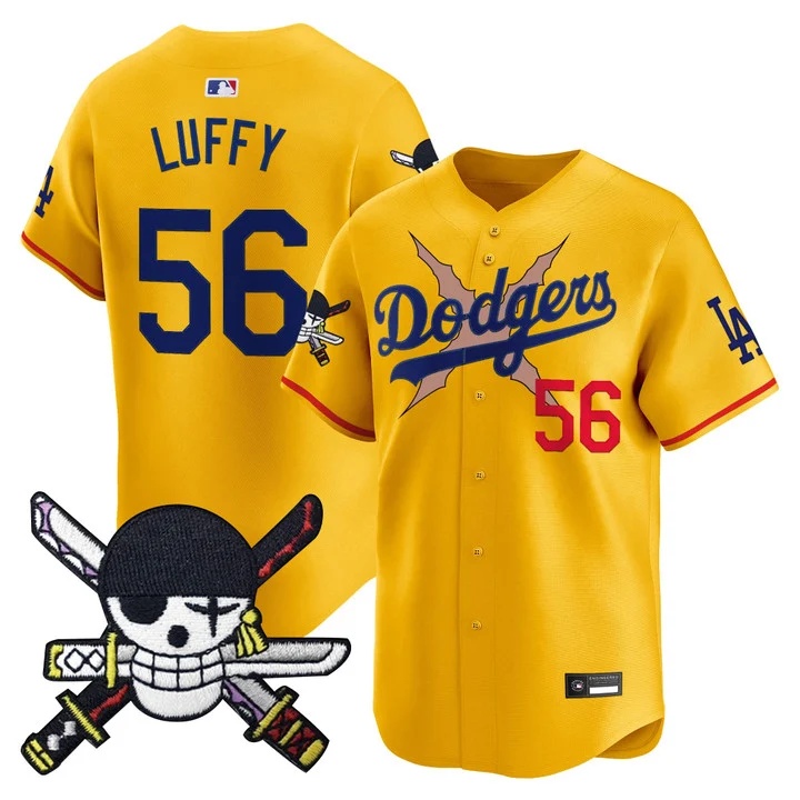 Men's Los Angeles Dodgers x One Piece Zoro Patch Vapor Premier Limited Jersey GOLD#56 LUFFY