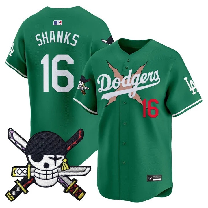 Men's Los Angeles Dodgers x One Piece Zoro Patch Vapor Premier Limited Jersey GREEN#16 SHANKS