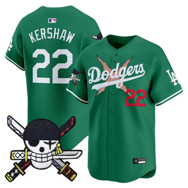 Men's Los Angeles Dodgers x One Piece Zoro Patch Vapor Premier Limited Jersey GREEN#22 CLAYTON KERSHAW