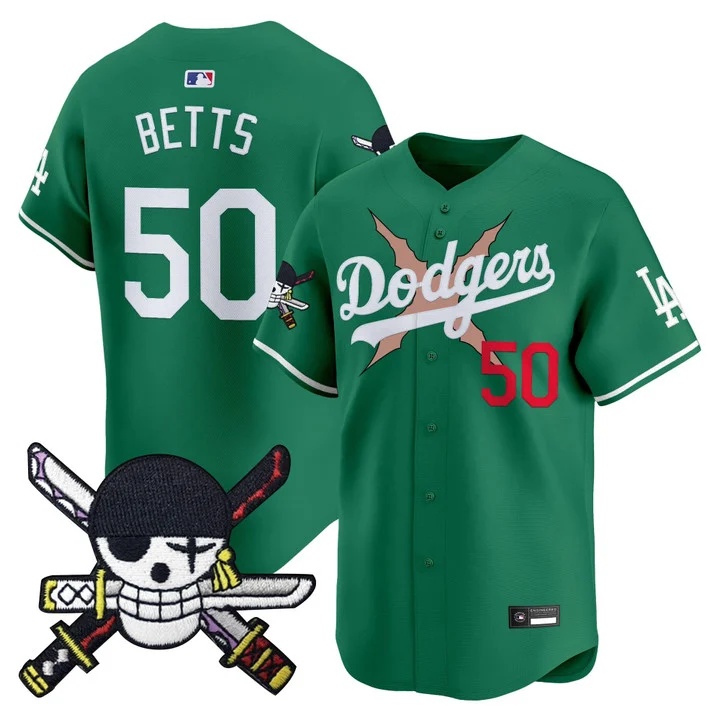 Men's Los Angeles Dodgers x One Piece Zoro Patch Vapor Premier Limited Jersey GREEN#50 MOOKIE BETTS