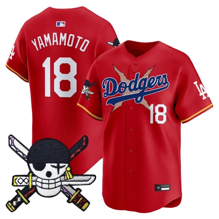 Men's Los Angeles Dodgers x One Piece Zoro Patch Vapor Premier Limited Jersey RED#18 YAMAMOTO
