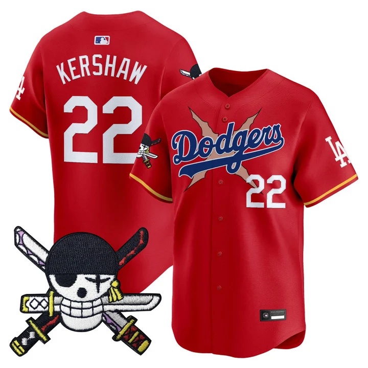 Men's Los Angeles Dodgers x One Piece Zoro Patch Vapor Premier Limited Jersey RED#22 CLAYTON KERSHAW