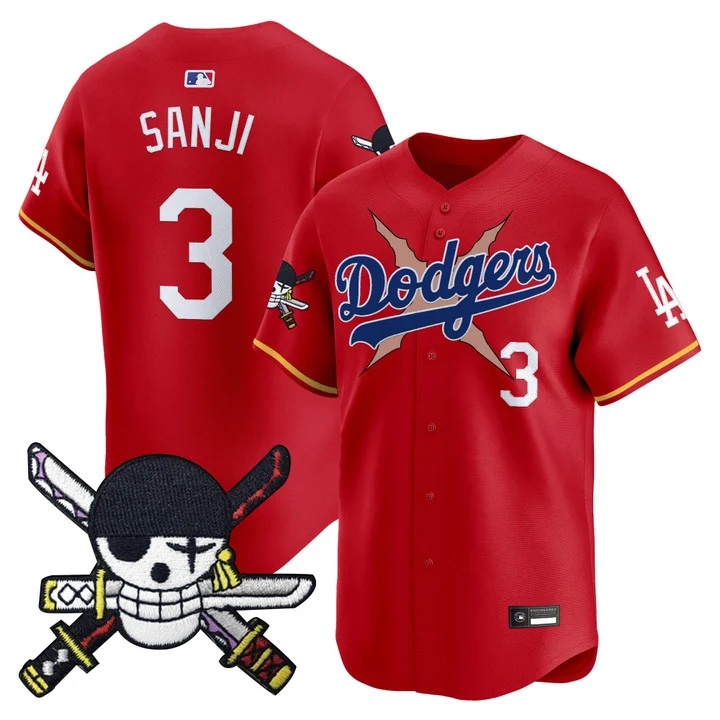 Men's Los Angeles Dodgers x One Piece Zoro Patch Vapor Premier Limited Jersey RED#3 SANJI
