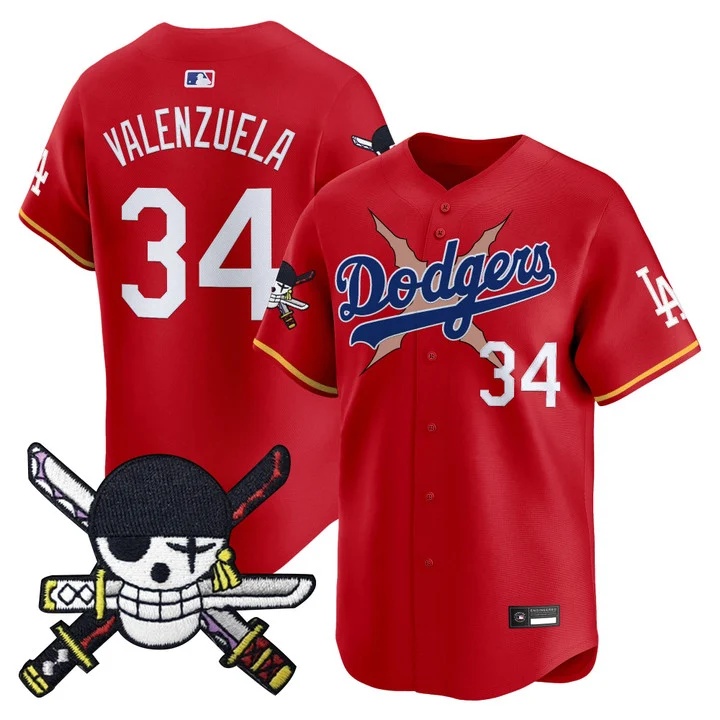 Men's Los Angeles Dodgers x One Piece Zoro Patch Vapor Premier Limited Jersey RED#34 FERNANDO VALENZUELA