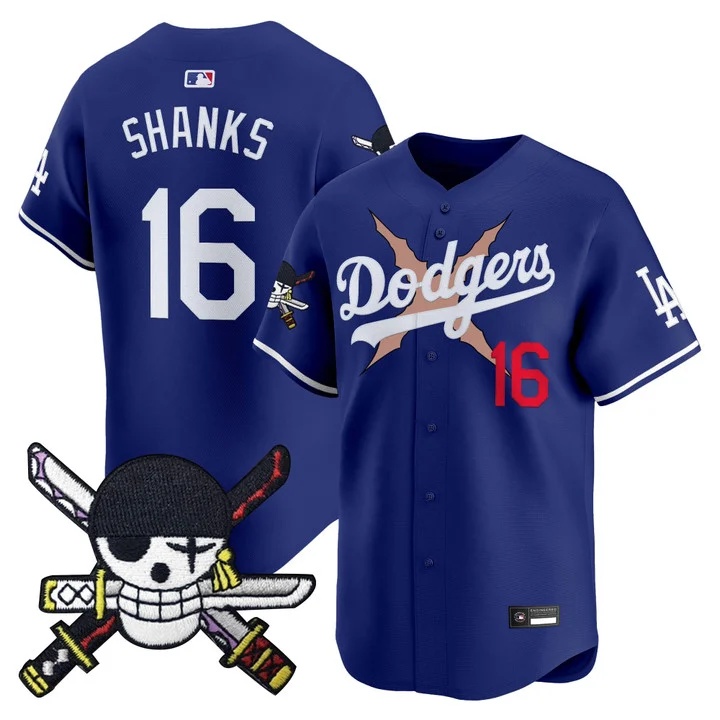 Men's Los Angeles Dodgers x One Piece Zoro Patch Vapor Premier Limited Jersey ROYAL#16 SHANKS
