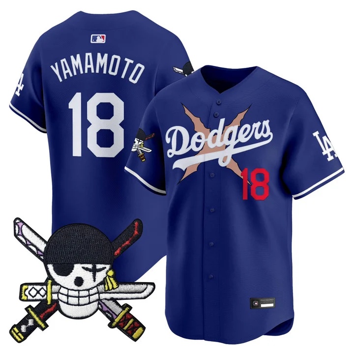 Men's Los Angeles Dodgers x One Piece Zoro Patch Vapor Premier Limited Jersey ROYAL#18 YAMAMOTO
