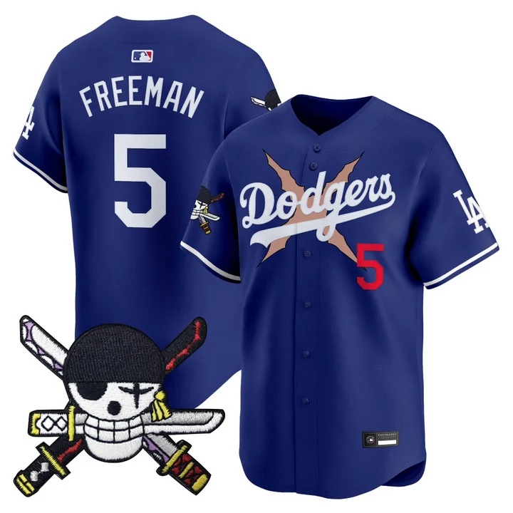 Men's Los Angeles Dodgers x One Piece Zoro Patch Vapor Premier Limited Jersey ROYAL#5 FREDDIE FREEMAN