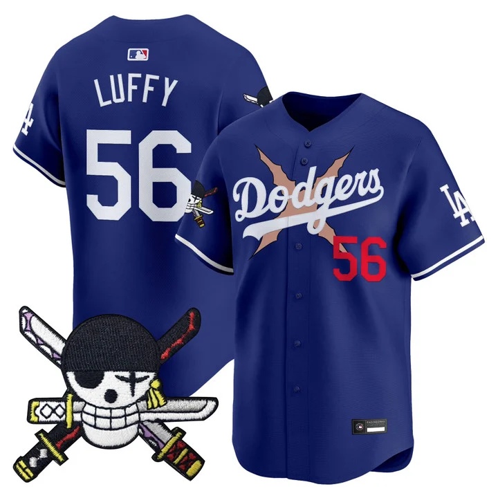 Men's Los Angeles Dodgers x One Piece Zoro Patch Vapor Premier Limited Jersey ROYAL#56 LUFFY