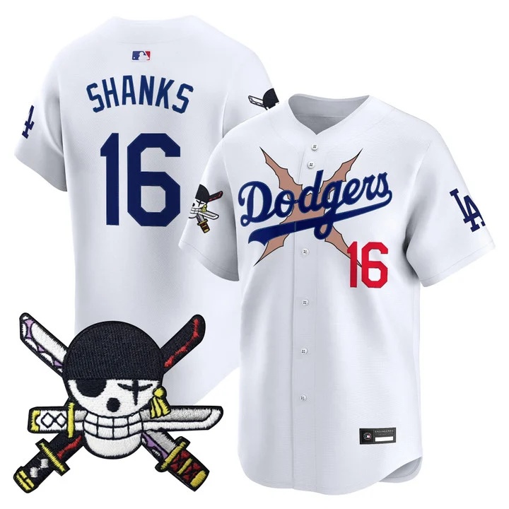 Men's Los Angeles Dodgers x One Piece Zoro Patch Vapor Premier Limited Jersey WHITE#16 SHANKS