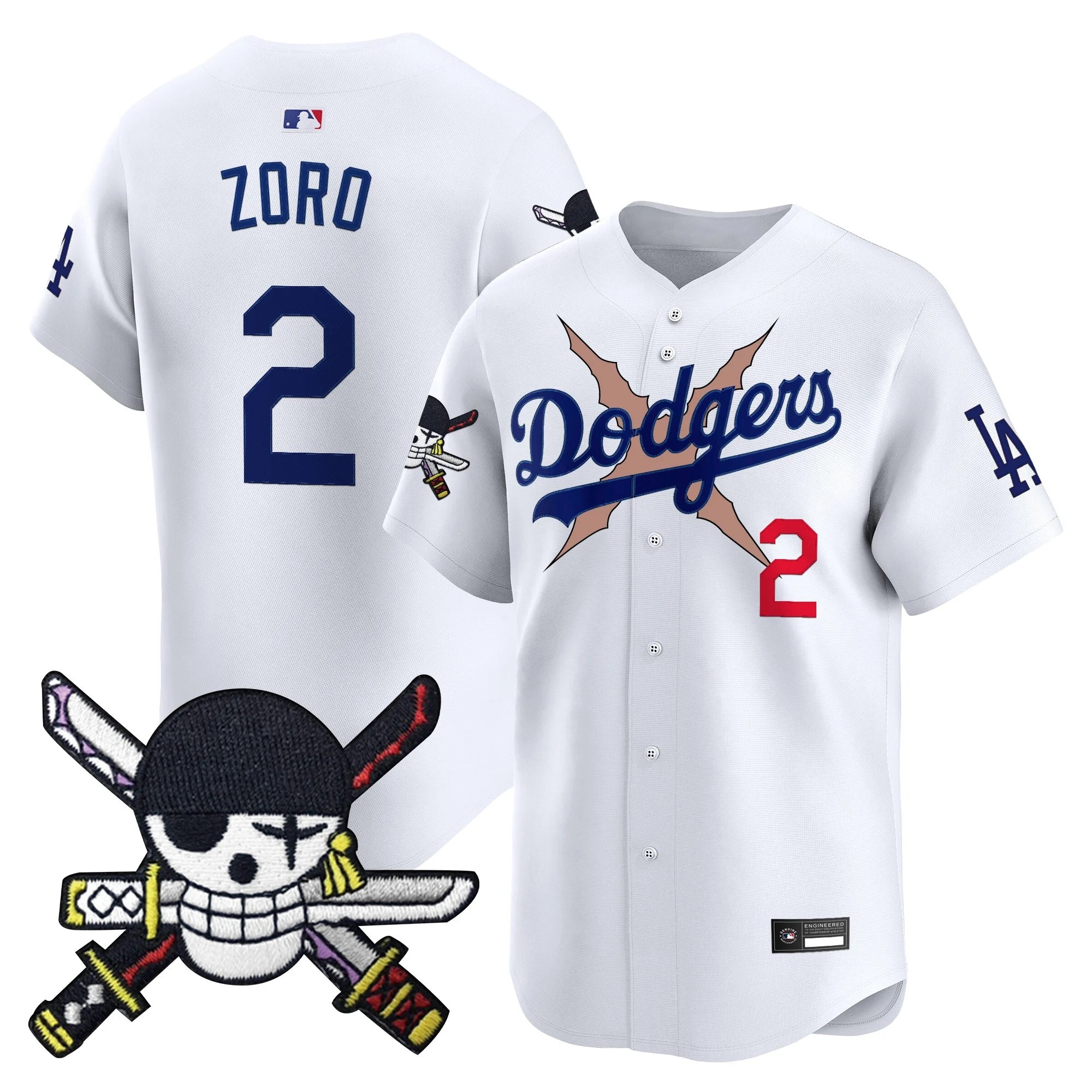 Men's Los Angeles Dodgers x One Piece Zoro Patch Vapor Premier Limited Jersey WHITE#2 ZORO