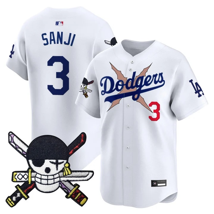 Men's Los Angeles Dodgers x One Piece Zoro Patch Vapor Premier Limited Jersey WHITE#3 SANJI