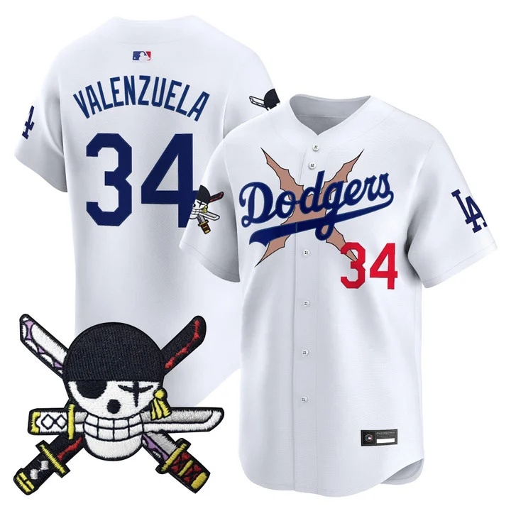 Men's Los Angeles Dodgers x One Piece Zoro Patch Vapor Premier Limited Jersey WHITE#34 FERNANDO VALENZUELA