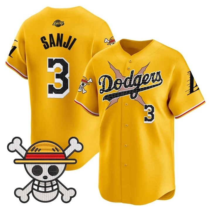 Men's Los Angeles Dodgers x One Piece x Mamba Vapor Premier Limited Jersey GOLD#3 SANJI