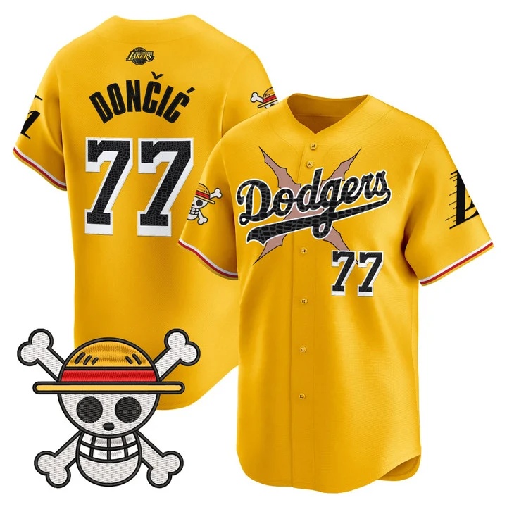 Men's Los Angeles Dodgers x One Piece x Mamba Vapor Premier Limited Jersey GOLD#77 LUKA DONCIC