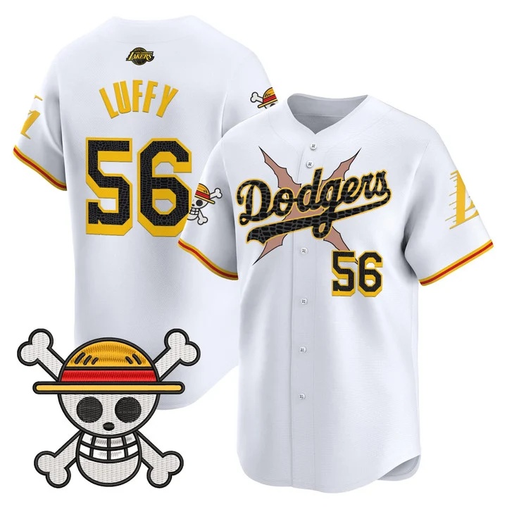 Men's Los Angeles Dodgers x One Piece x Mamba Vapor Premier Limited Jersey WHITE#56 LUFFY