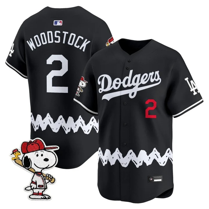 Men's Los Angeles Dodgers x Peanuts Vapor Premier Limited Jersey BLACK#2 WOODSTOCK