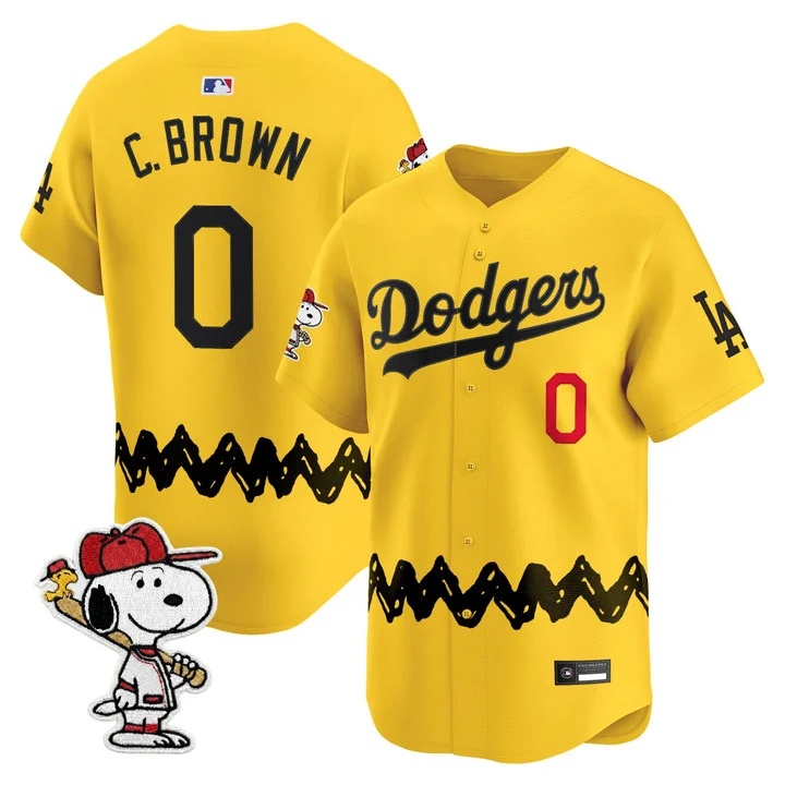 Men's Los Angeles Dodgers x Peanuts Vapor Premier Limited Jersey GOLD#0 CHARLIE BROWN
