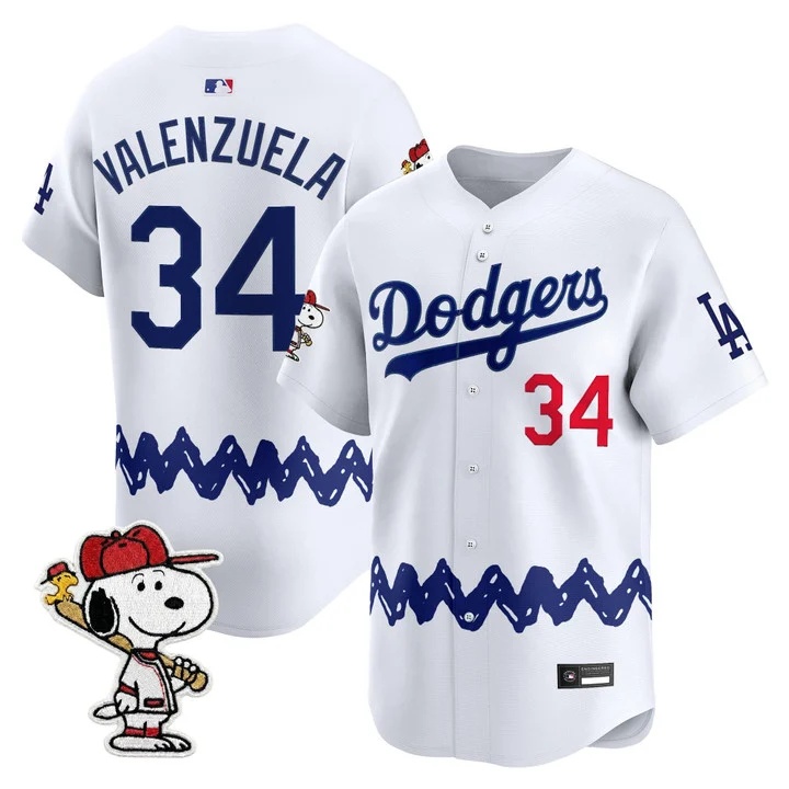 Men's Los Angeles Dodgers x Peanuts Vapor Premier Limited Jersey WHITE#34 FERNANDO VALENZUELA