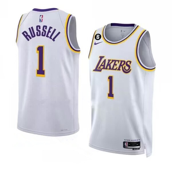 Men's Los Angeles Lakers #1 Da??Angelo Russell 2022-23 White With NO.6 Patch Association Edition Swingman Stitched Basketball Jersey
