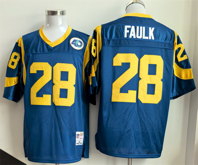 Men's Los Angeles Rams #28 Marshall Faulk Royal Throwback Football Stitched Jersey