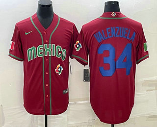 Men's Mexico Baseball #34 Fernando Valenzuela 2023 Red Blue World Baseball Classic Stitched Jersey的副本